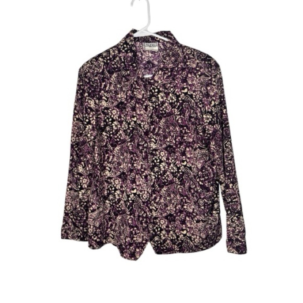 Nikki Women’s Button Up Blouse Purple Floral Paisley Print Long Sleeve Top Sz 12
